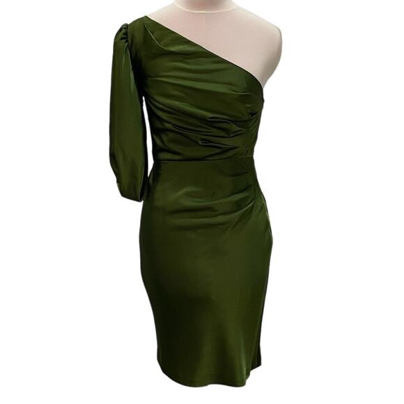 BCBG MAXAZRIA Gorgeous Green Satin One Shoulder Cocktail Dress Size 0 Side Pleat - Picture 2 of 6